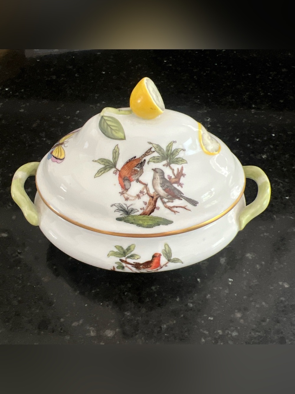 EUC Herend Hungary Porcelain Birds Butterfly Mini Tureen Lemon Handle